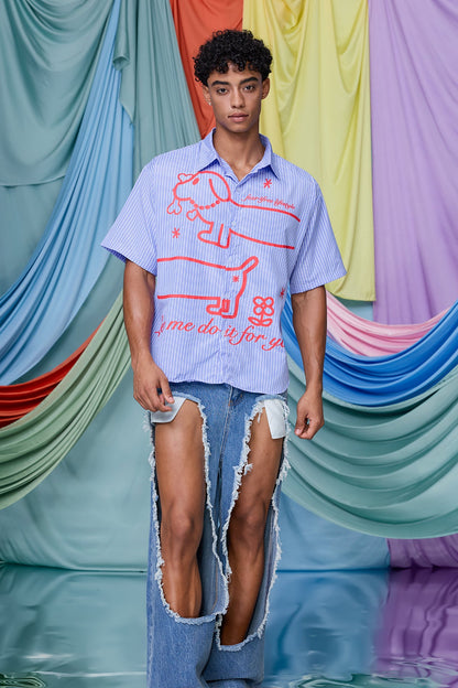 Tranquil Line Print Stripe Short Sleeve Shirt