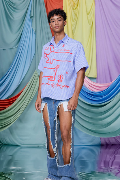 Tranquil Line Print Stripe Short Sleeve Shirt