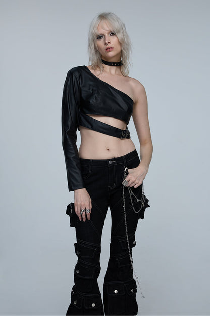 True Lash One Shoulder Leather Crop Top