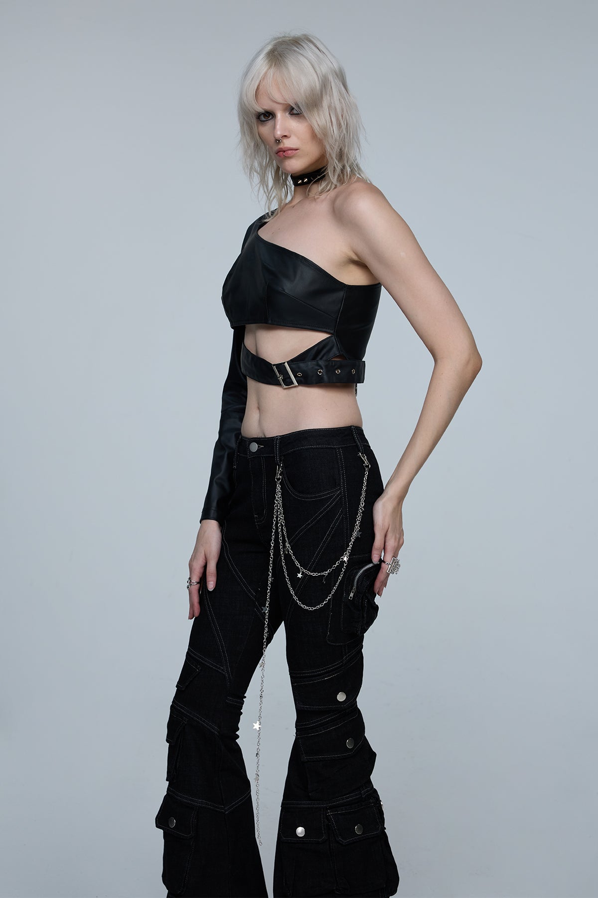 True Lash One Shoulder Leather Crop Top