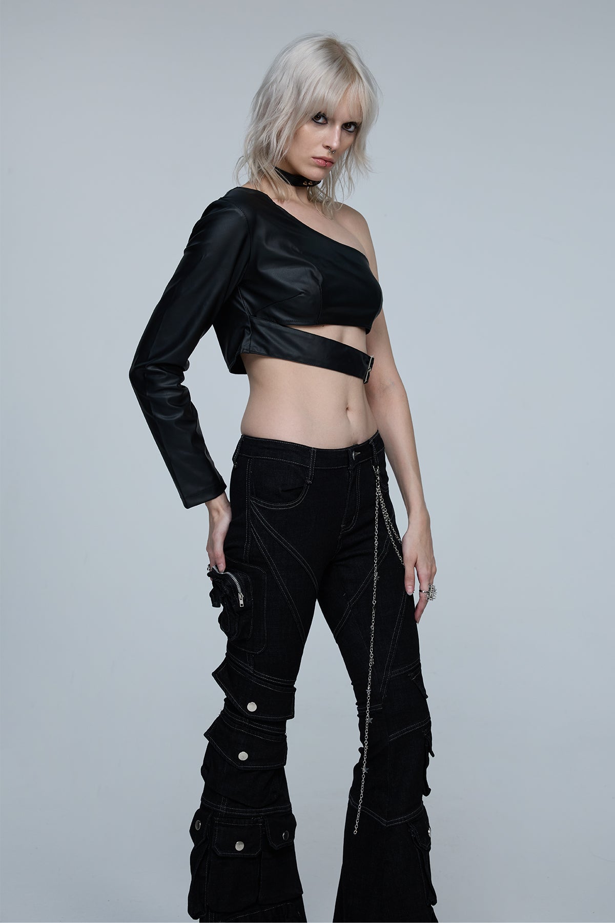 True Lash One Shoulder Leather Crop Top