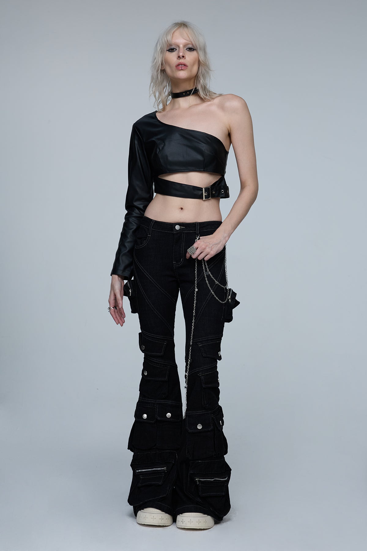 True Lash One Shoulder Leather Crop Top