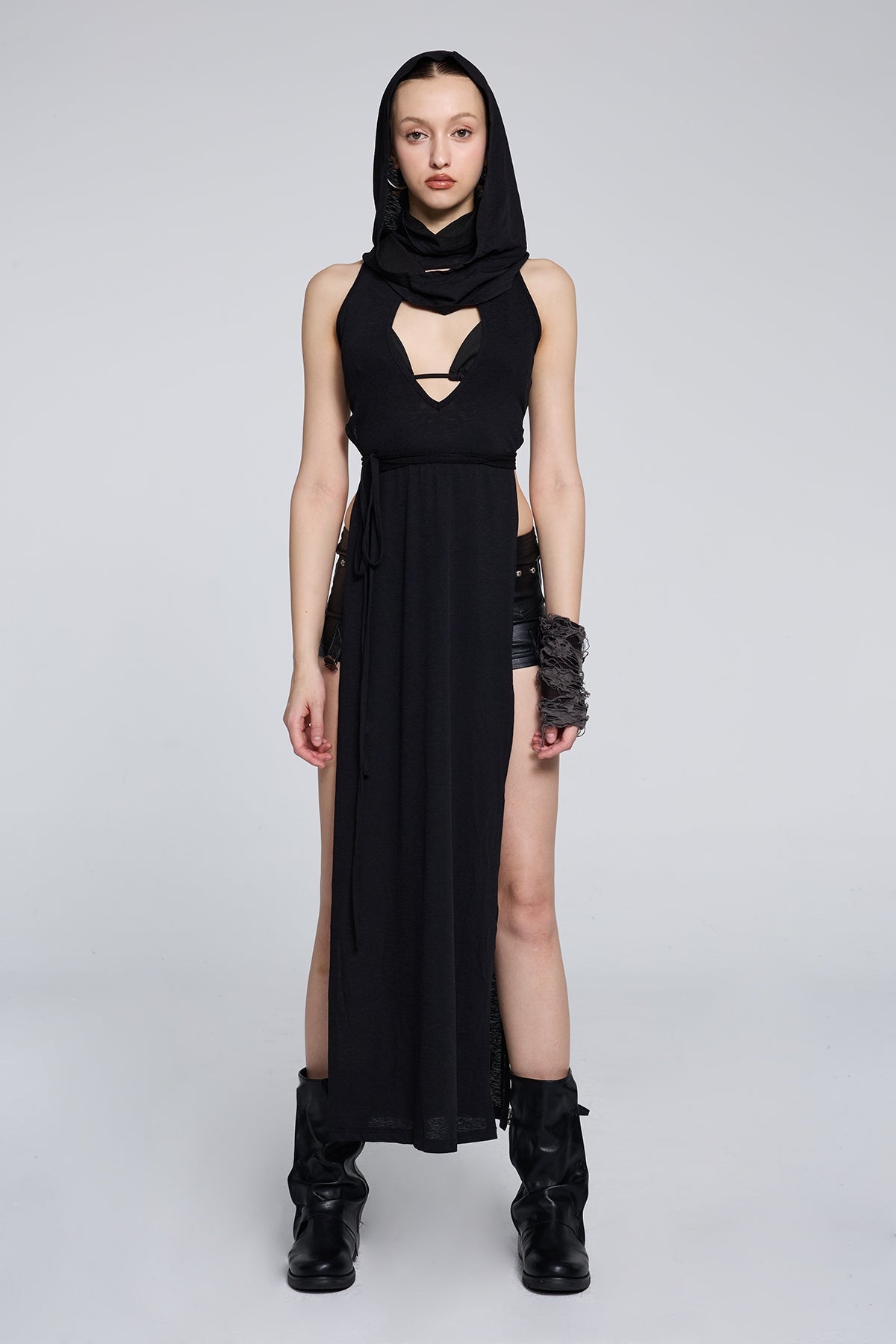 Twin Mark Sleeveless Hooded Split Cutout Maxi Dress
