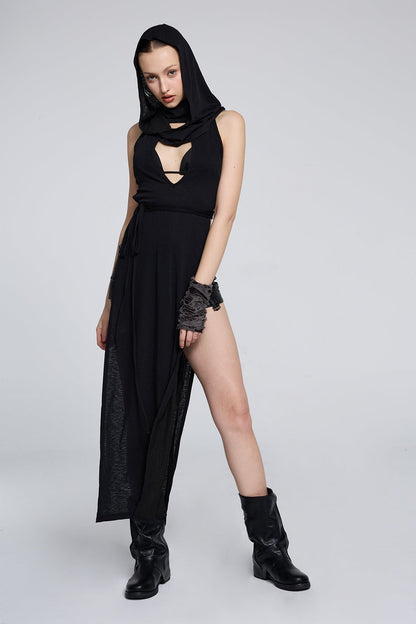 Twin Mark Sleeveless Hooded Split Cutout Maxi Dress