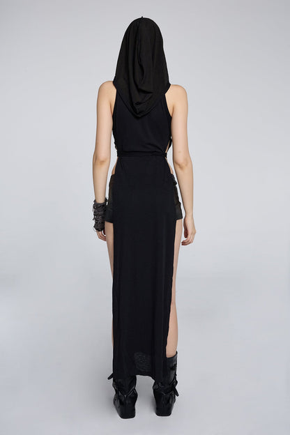 Twin Mark Sleeveless Hooded Split Cutout Maxi Dress