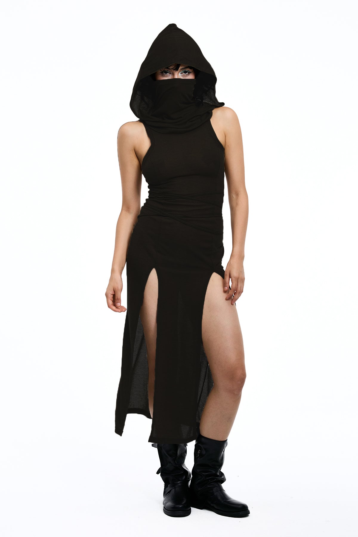 Twin Mark Sleeveless Hooded Split Maxi Dress Black