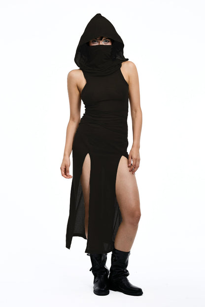 Twin Mark Sleeveless Hooded Split Maxi Dress Black