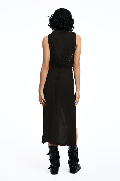 Twin Mark Sleeveless Hooded Split Maxi Dress Black