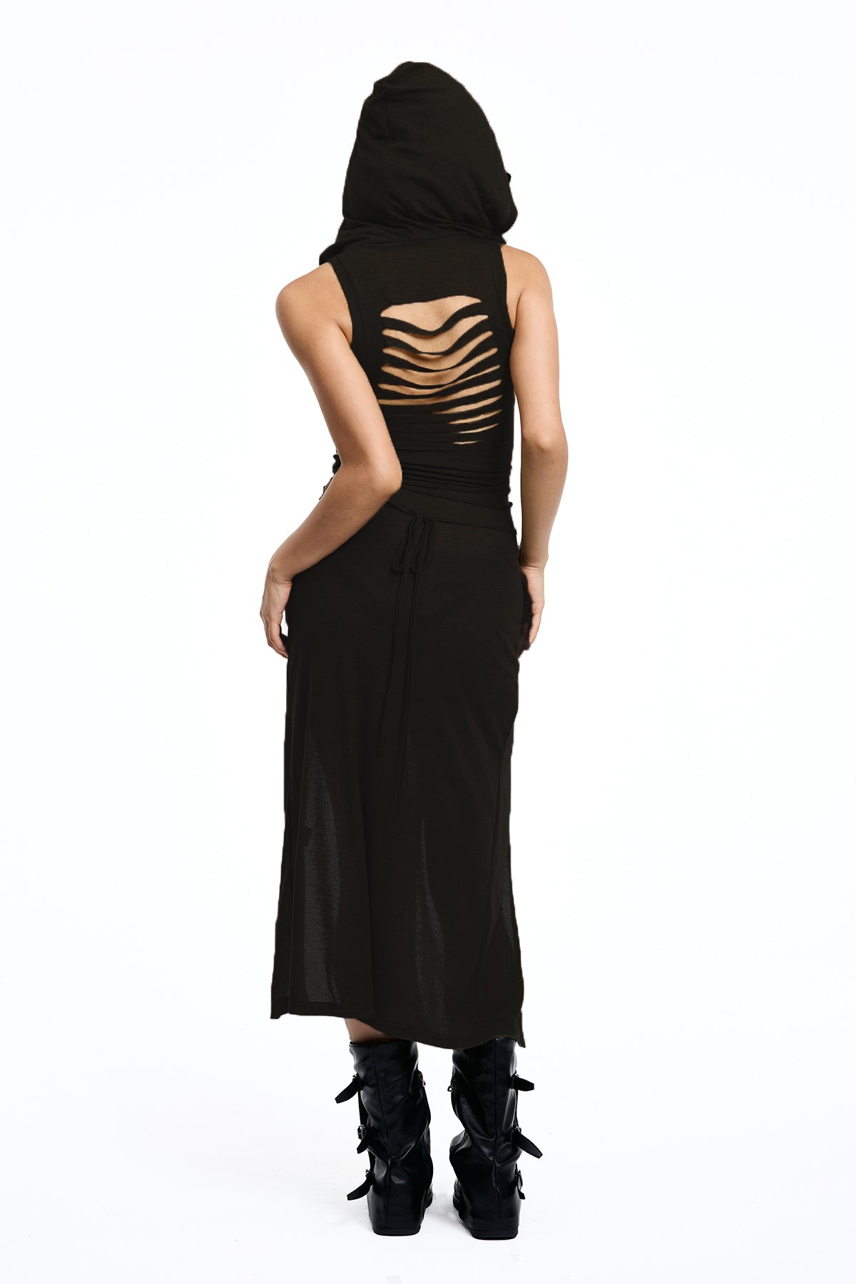 Twin Mark Sleeveless Hooded Split Maxi Dress Black