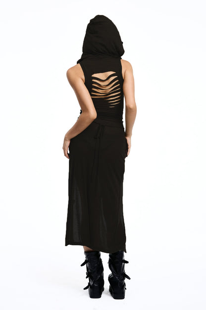 Twin Mark Sleeveless Hooded Split Maxi Dress Black