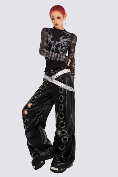 Undone Code Leather Eyelet Wide Leg Pants