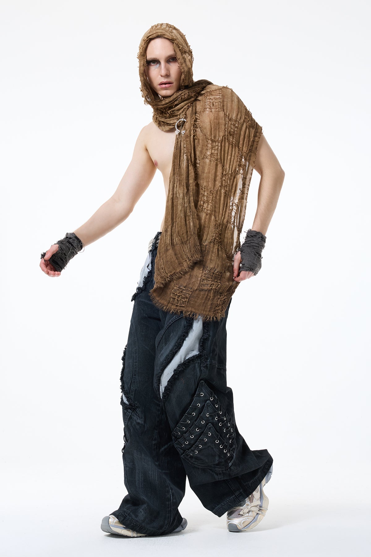 Unmarked Night Distressed Hooded Scarf Set Brown