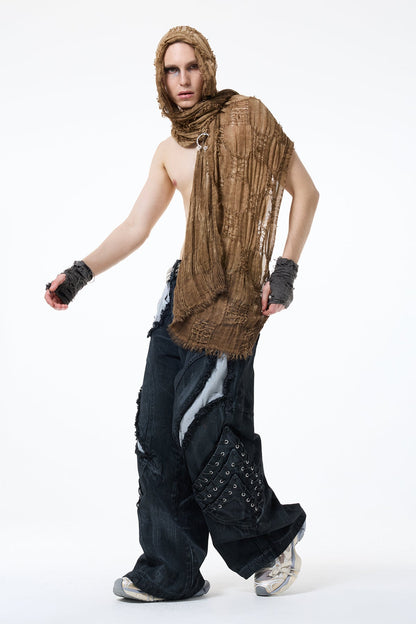 Unmarked Night Distressed Hooded Scarf Set Brown