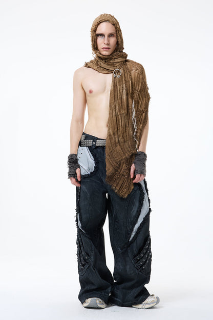 Unmarked Night Distressed Hooded Scarf Set Brown