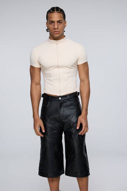 Vector Tier Zipper Short Sleeve Top Beige