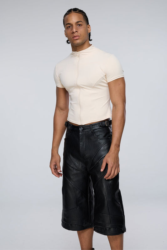 Vector Tier Zipper Short Sleeve Top Beige