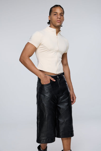 Vector Tier Zipper Short Sleeve Top Beige