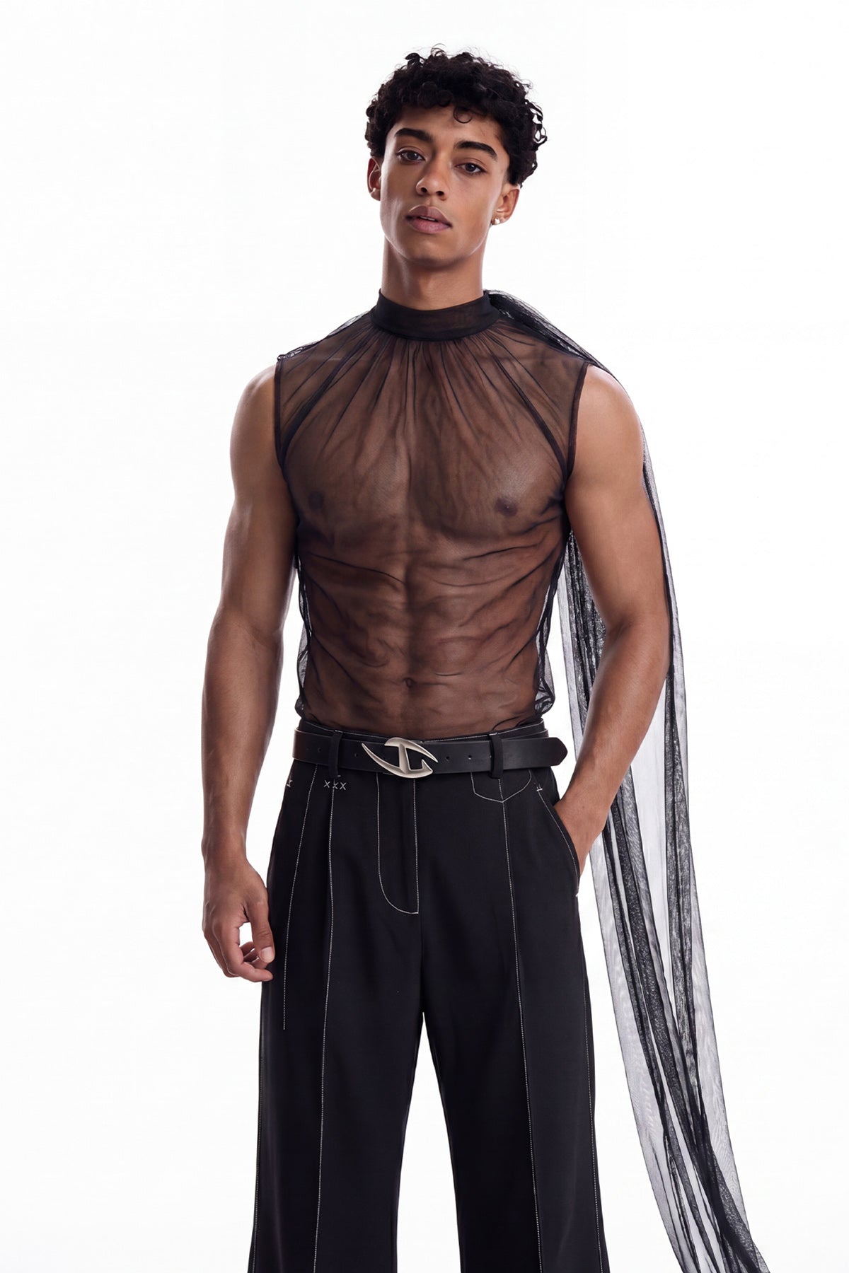 Veil Arc Sleeveless Train Mesh Top