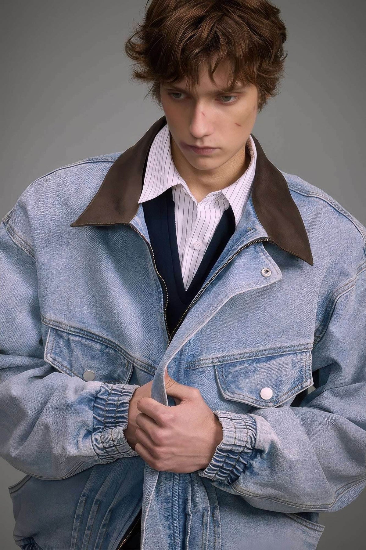 Vintage Washed Denim Jacket with Color Block Collar, American Streetwear Style