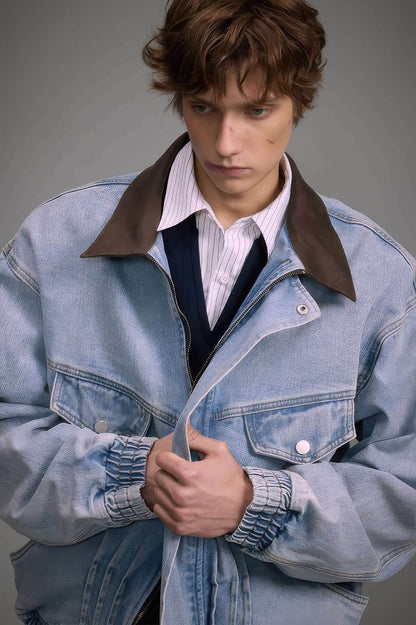 Vintage Washed Denim Jacket with Color Block Collar, American Streetwear Style