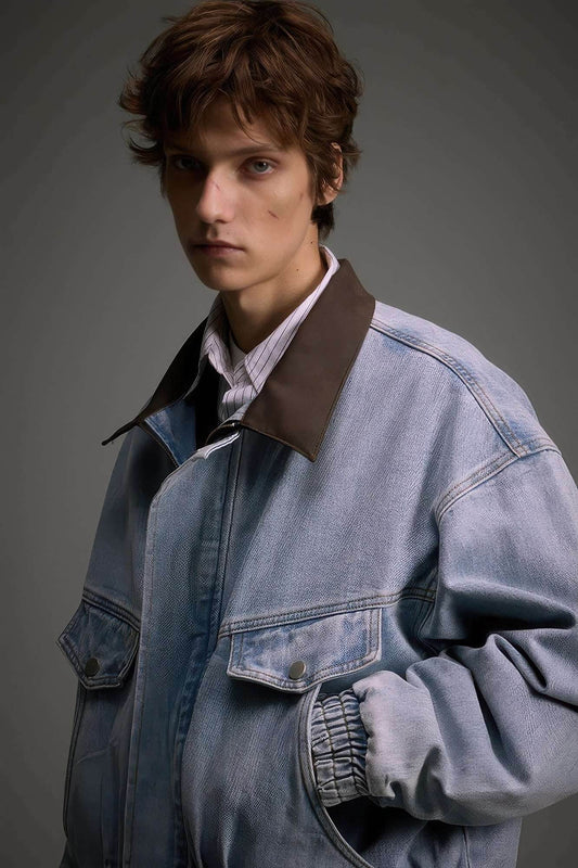 Vintage Washed Denim Jacket with Color Block Collar, American Streetwear Style