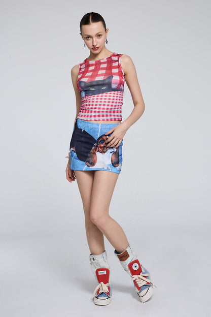 Virtual Pop Sleeveless Plaid Cat Print Crop Top