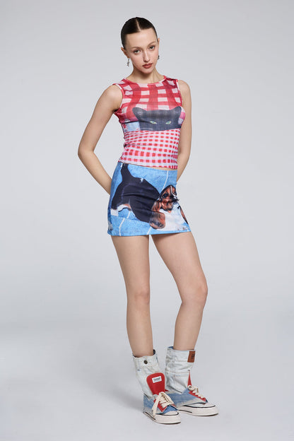 Virtual Pop Sleeveless Plaid Cat Print Crop Top