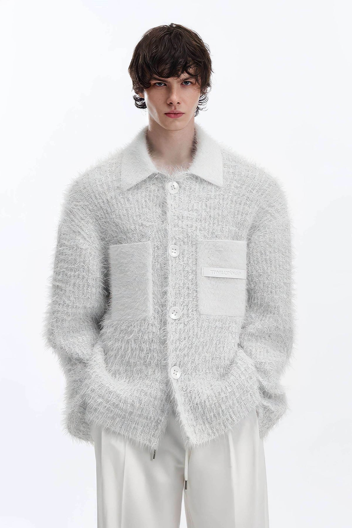 White Chunky Knit Cardigan - Ceramic Button & Shawl Collar Design