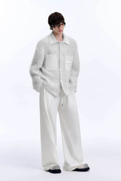 White Chunky Knit Cardigan - Ceramic Button & Shawl Collar Design