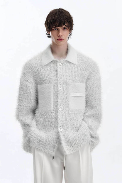 White Chunky Knit Cardigan - Ceramic Button & Shawl Collar Design