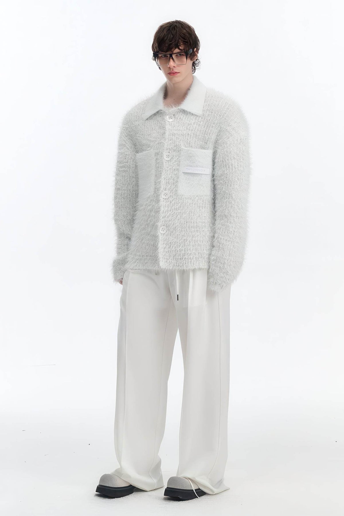 White Chunky Knit Cardigan - Ceramic Button & Shawl Collar Design