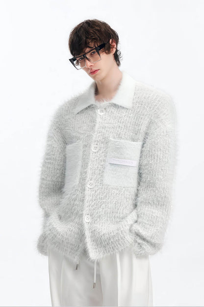 White Chunky Knit Cardigan - Ceramic Button & Shawl Collar Design