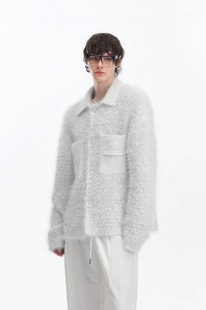 White Chunky Knit Cardigan - Ceramic Button & Shawl Collar Design
