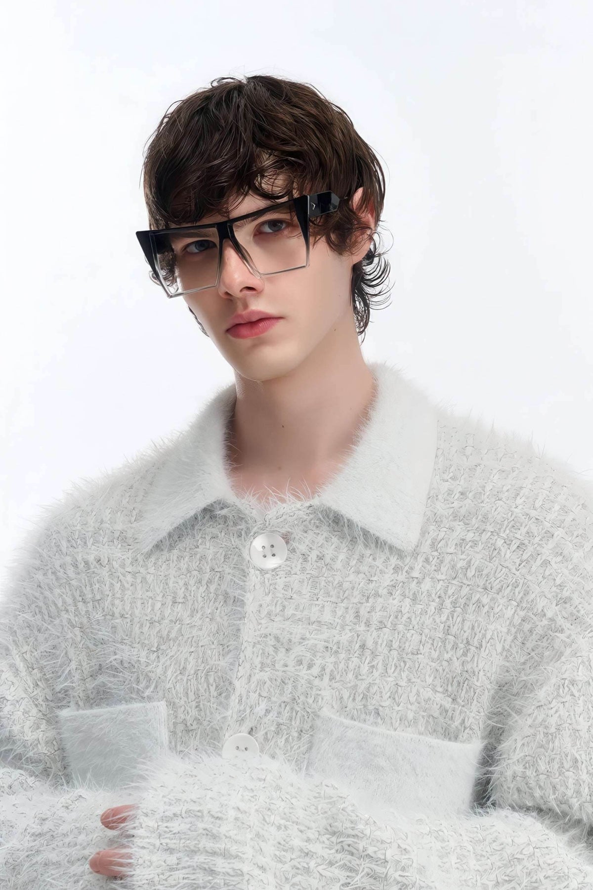 White Chunky Knit Cardigan - Ceramic Button & Shawl Collar Design