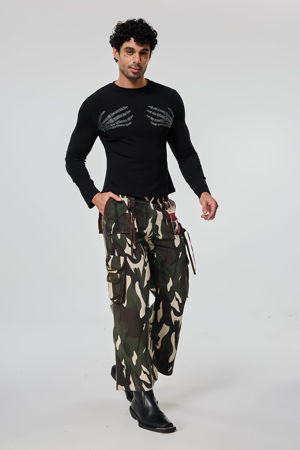 Waist Interval Rhinestone Long Sleeve Top