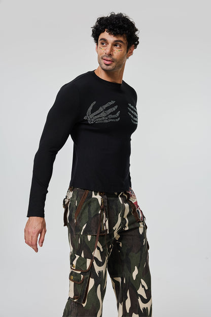 Waist Interval Rhinestone Long Sleeve Top