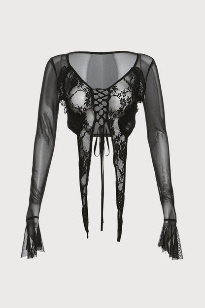 Waist Pop Lace Long Sleeve Plunge Top