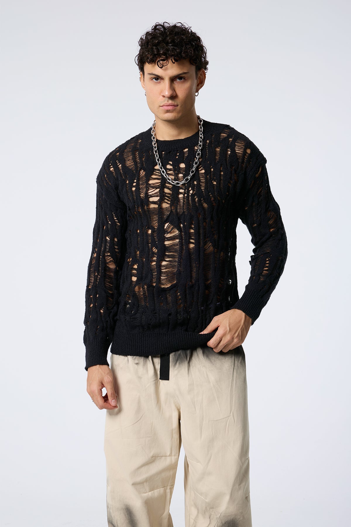 Warm Loop Cutout Knit Long Sleeve Top Black