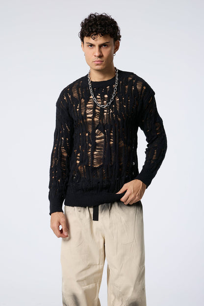 Warm Loop Cutout Knit Long Sleeve Top Black