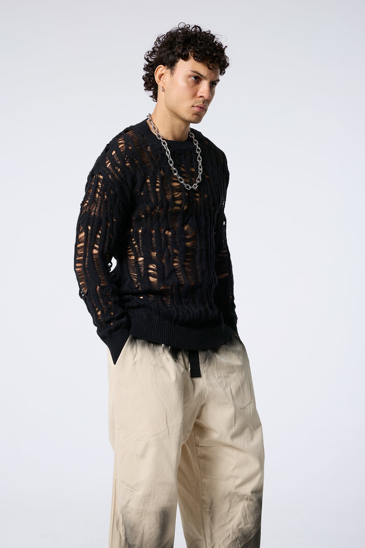 Warm Loop Cutout Knit Long Sleeve Top Black