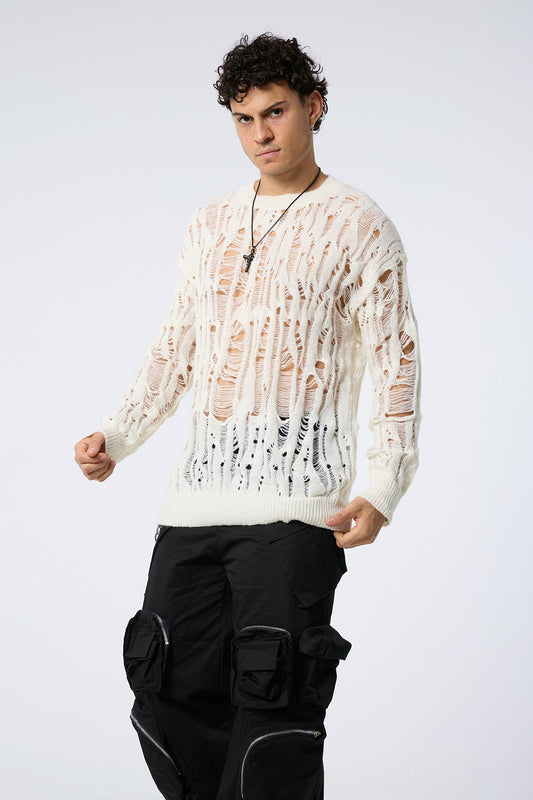 Warm Loop Cutout Knit Long Sleeve Top Beige