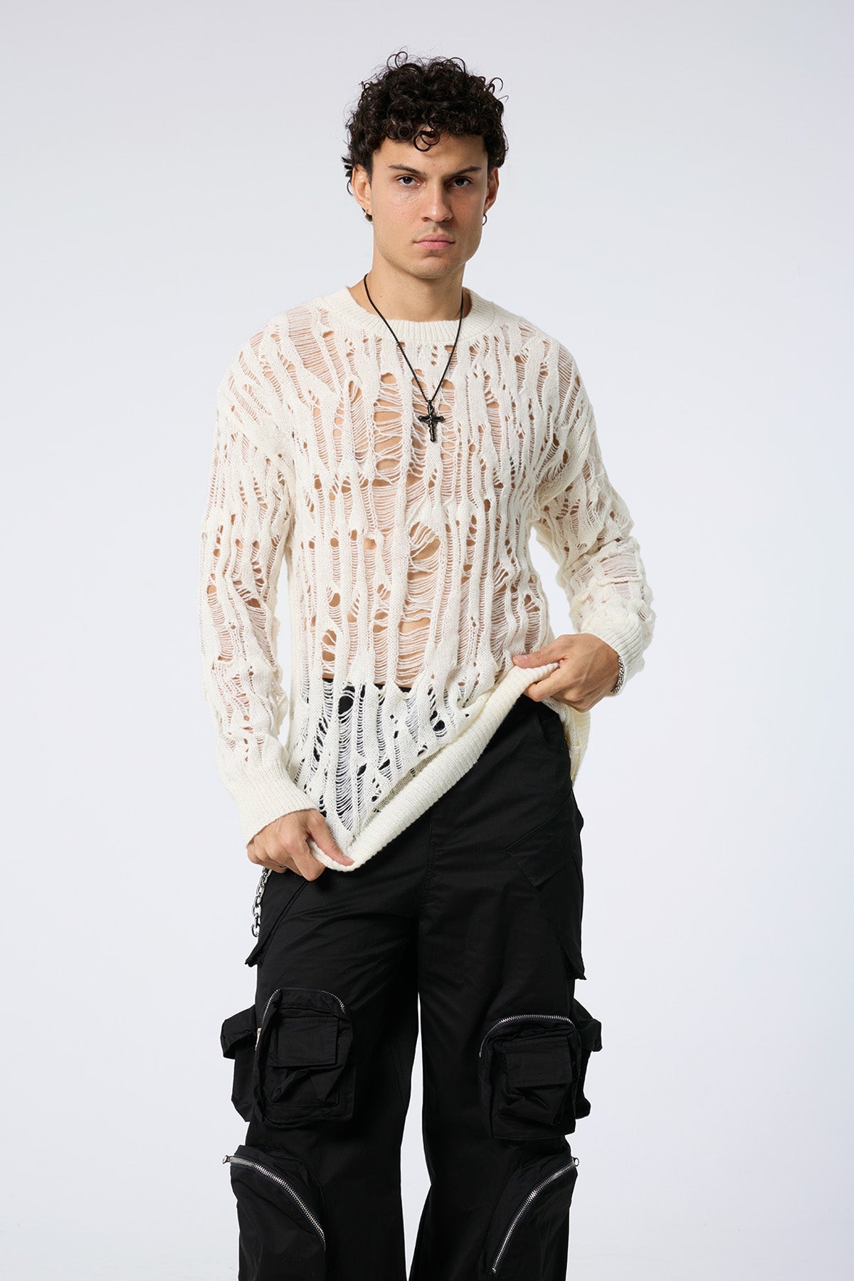 Warm Loop Cutout Knit Long Sleeve Top Beige