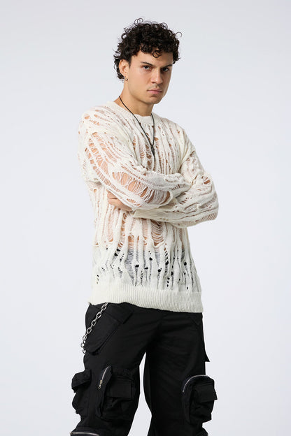 Warm Loop Cutout Knit Long Sleeve Top Beige