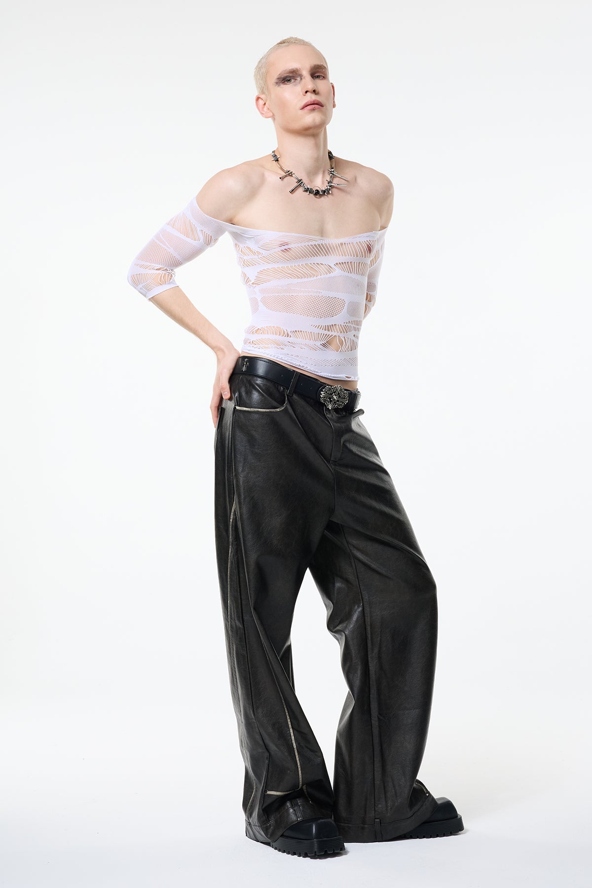 Wet Glimmer Off Shoulder Fishnet Top