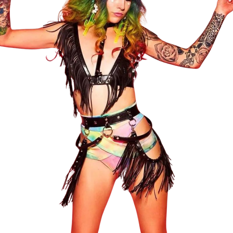 Women's Gothic Punk Pentagram Garter Set with Tassel Bra Harness