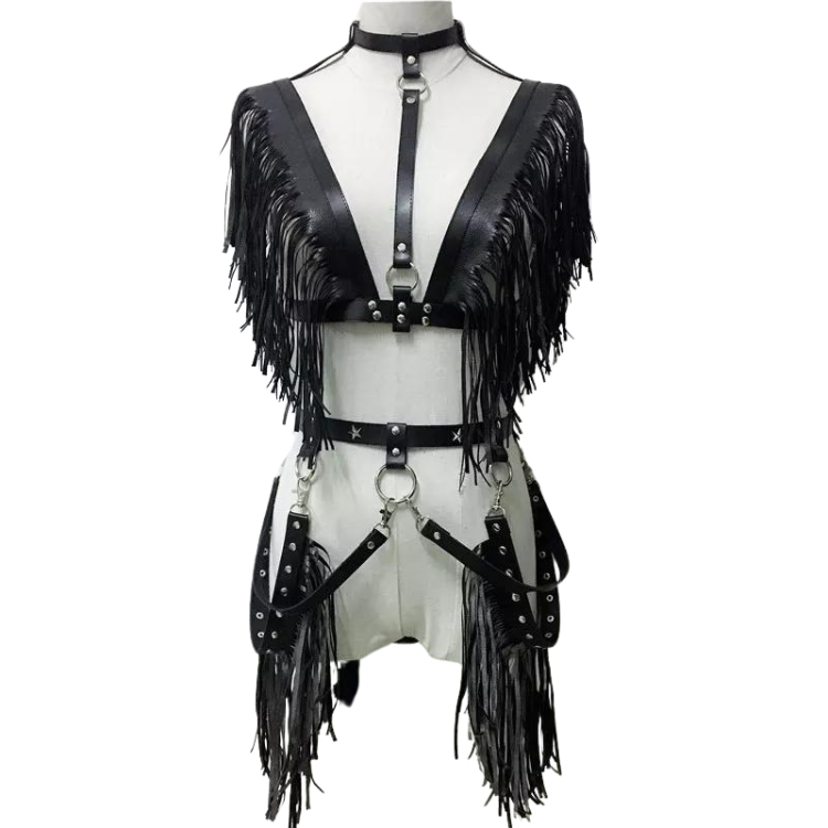 Women's Gothic Punk Pentagram Garter Set with Tassel Bra Harness