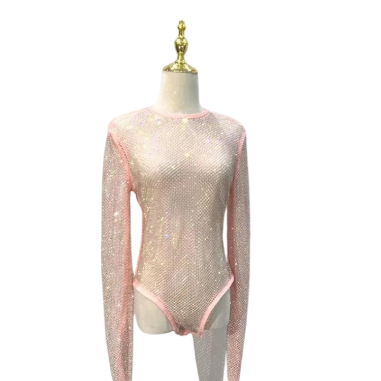 Women's Rhinestone Fishnet See-Through Sexy Bodysuit
