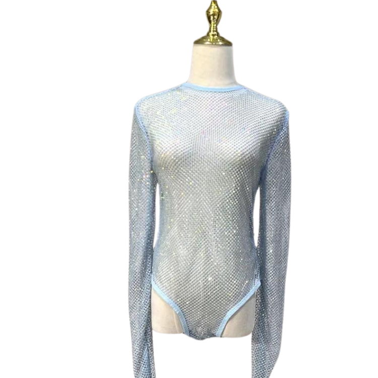 Women's Rhinestone Fishnet See-Through Sexy Bodysuit