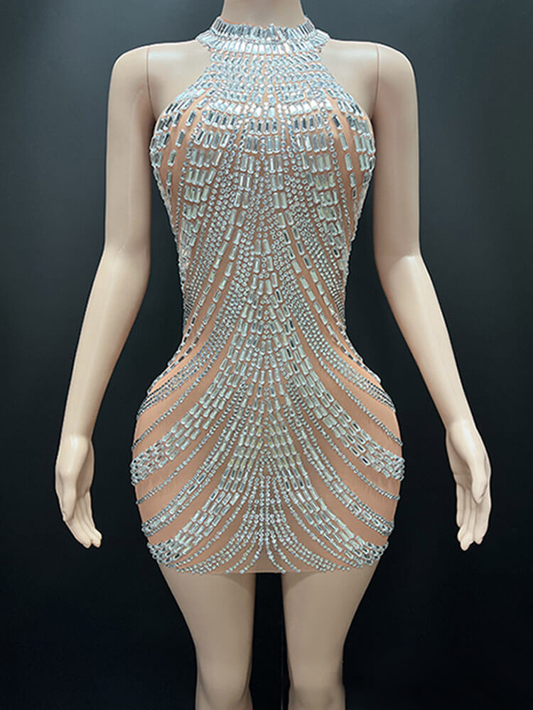 Sexy Sparkly Rhinestone Halter Neck Short Dress