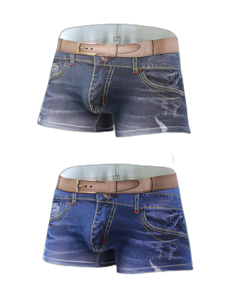 2 Pack Men's Denim Printed Cotton Boxer Briefs